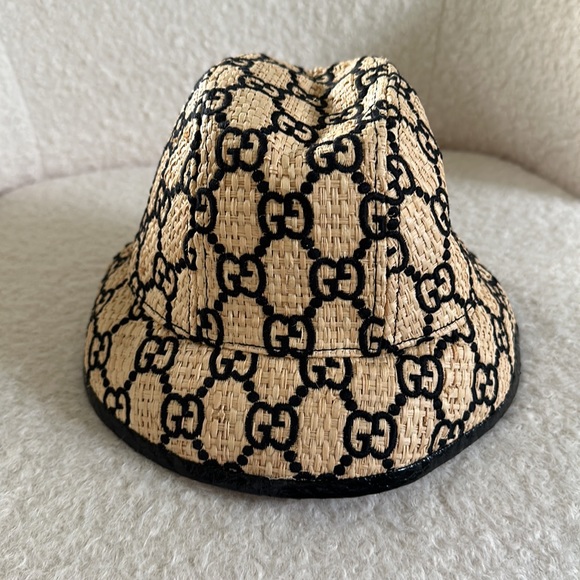 Gucci raffia natural and black GG bucket hat beige tan wicker - Picture 4 of 6